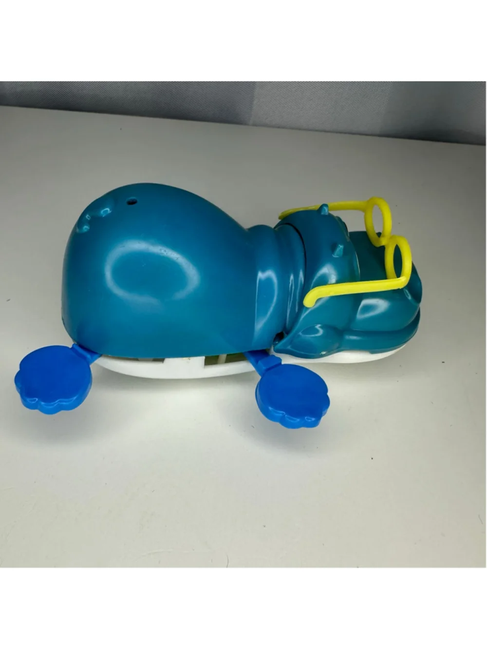Vintage Baby Masudaya 1976 Blue Hippo Learning Bath Toy w Yellow Glasses Works